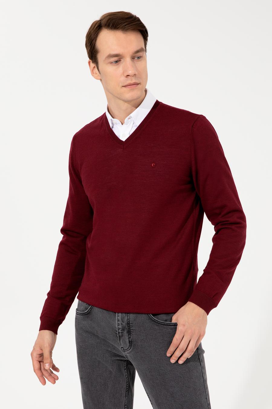 Bordo Slim Fit V Yaka Basic Triko Kazak - 50237053036