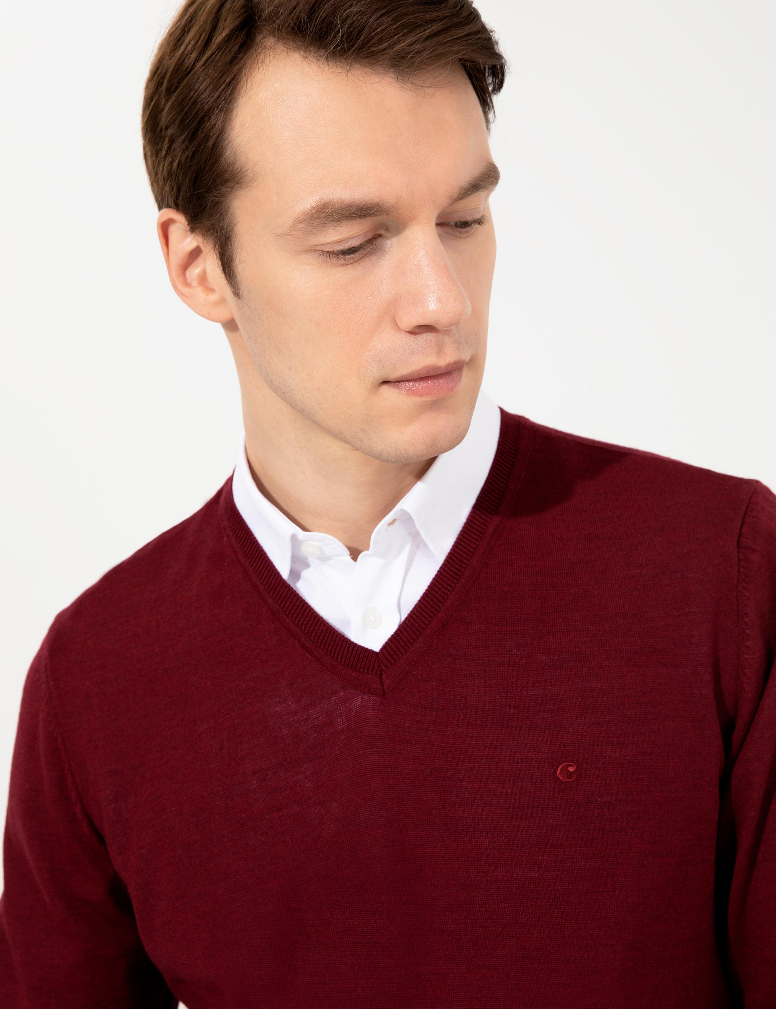 Bordo Slim Fit V Yaka Basic Triko Kazak - 50237053036