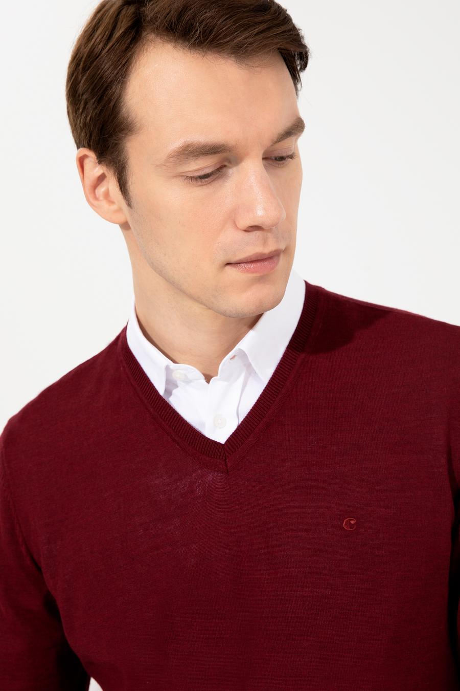 Bordo Slim Fit V Yaka Basic Triko Kazak - 50237053036