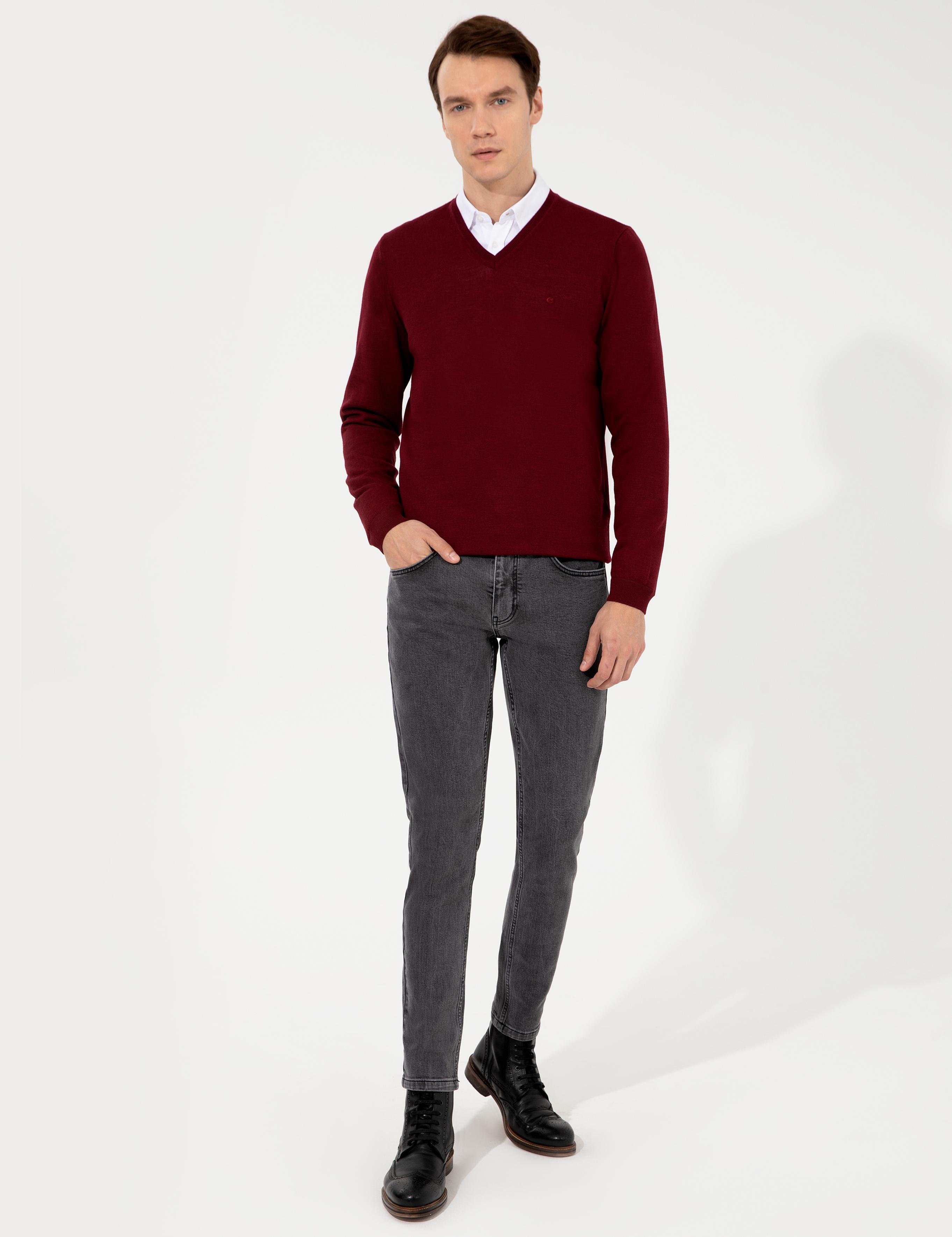 Bordo Slim Fit V Yaka Basic Triko Kazak - 50237053036