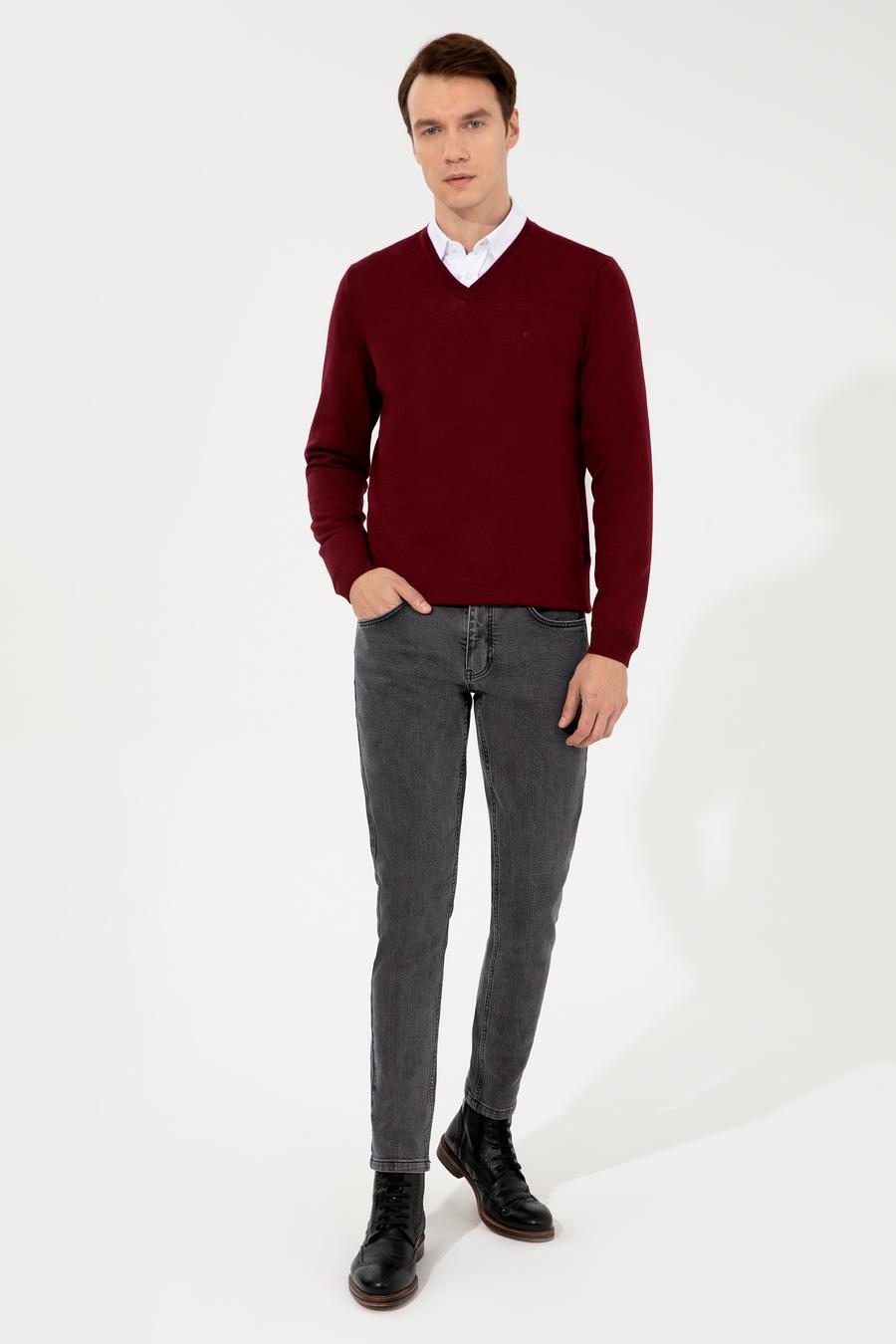 Bordo Slim Fit V Yaka Basic Triko Kazak - 50237053036