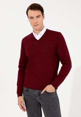 Bordo Slim Fit V Yaka Basic Triko Kazak