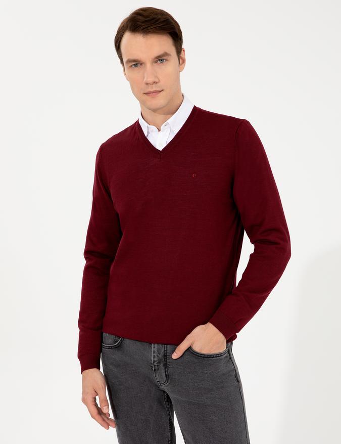 Bordo Slim Fit V Yaka Basic Triko Kazak