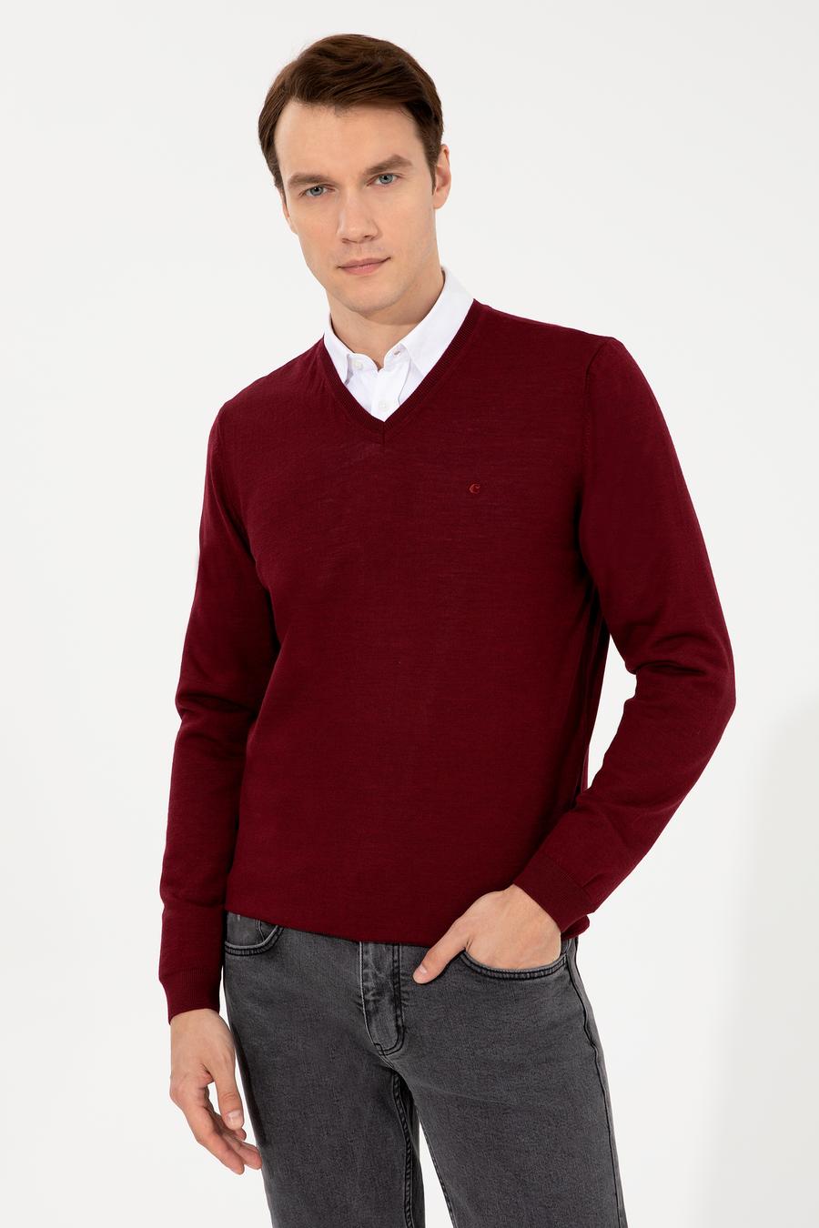 Bordo Slim Fit V Yaka Basic Triko Kazak - 50237053036