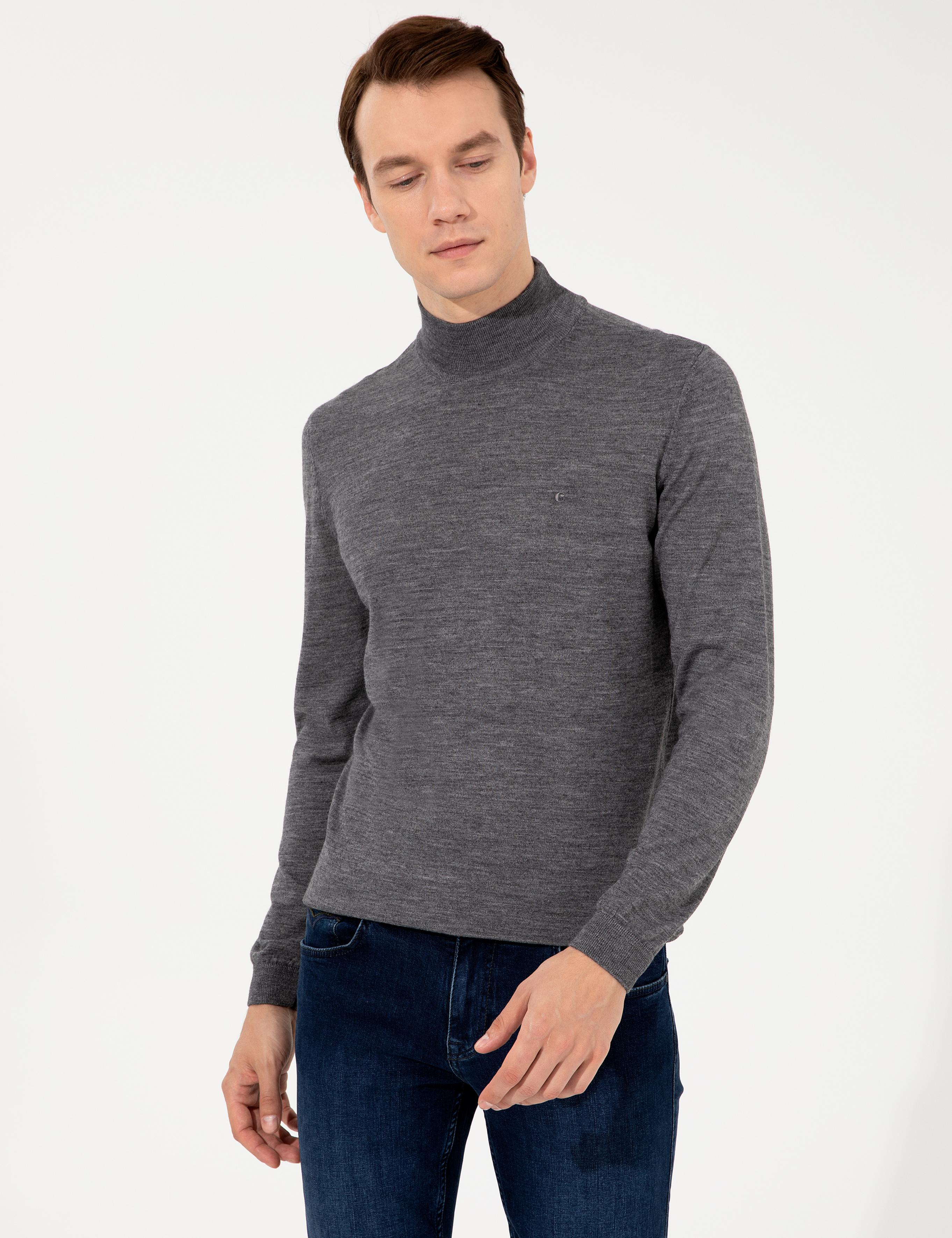 Antrasit Slim Fit Yarım Balıkçı Basic Triko Kazak - 50237040084