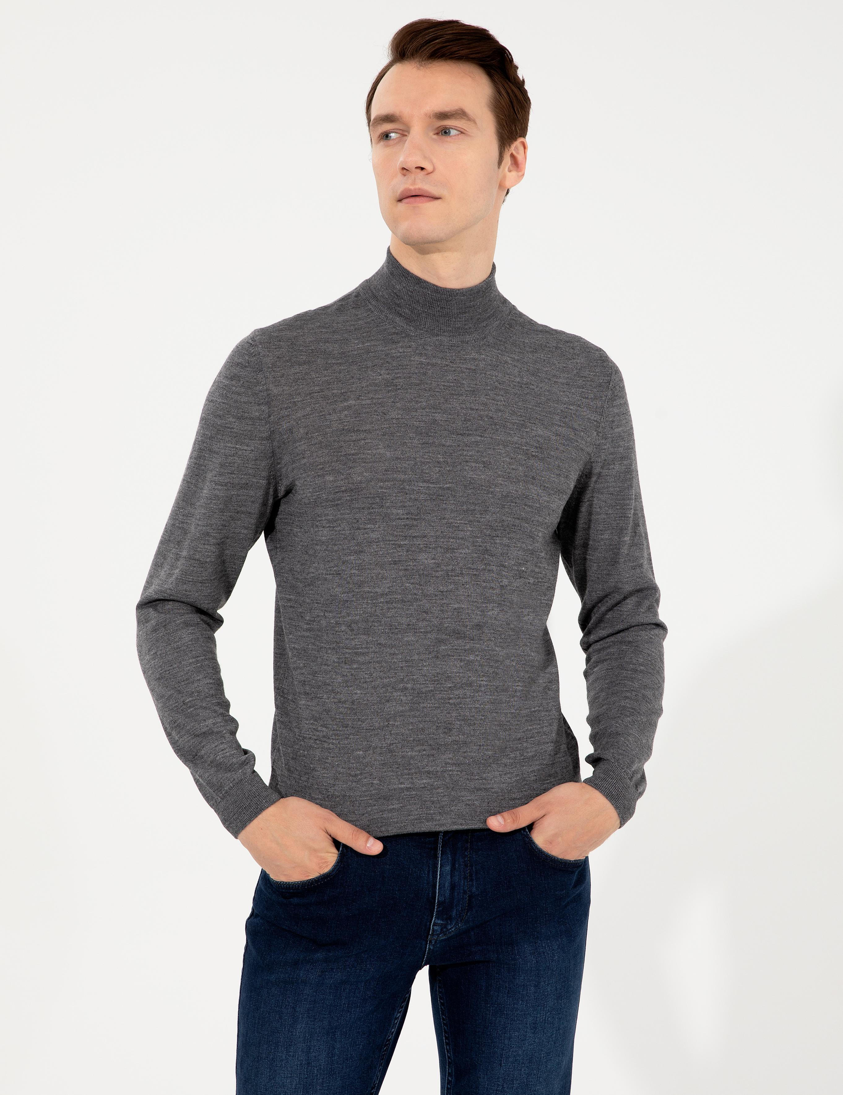 Antrasit Slim Fit Yarım Balıkçı Basic Triko Kazak - 50237040084