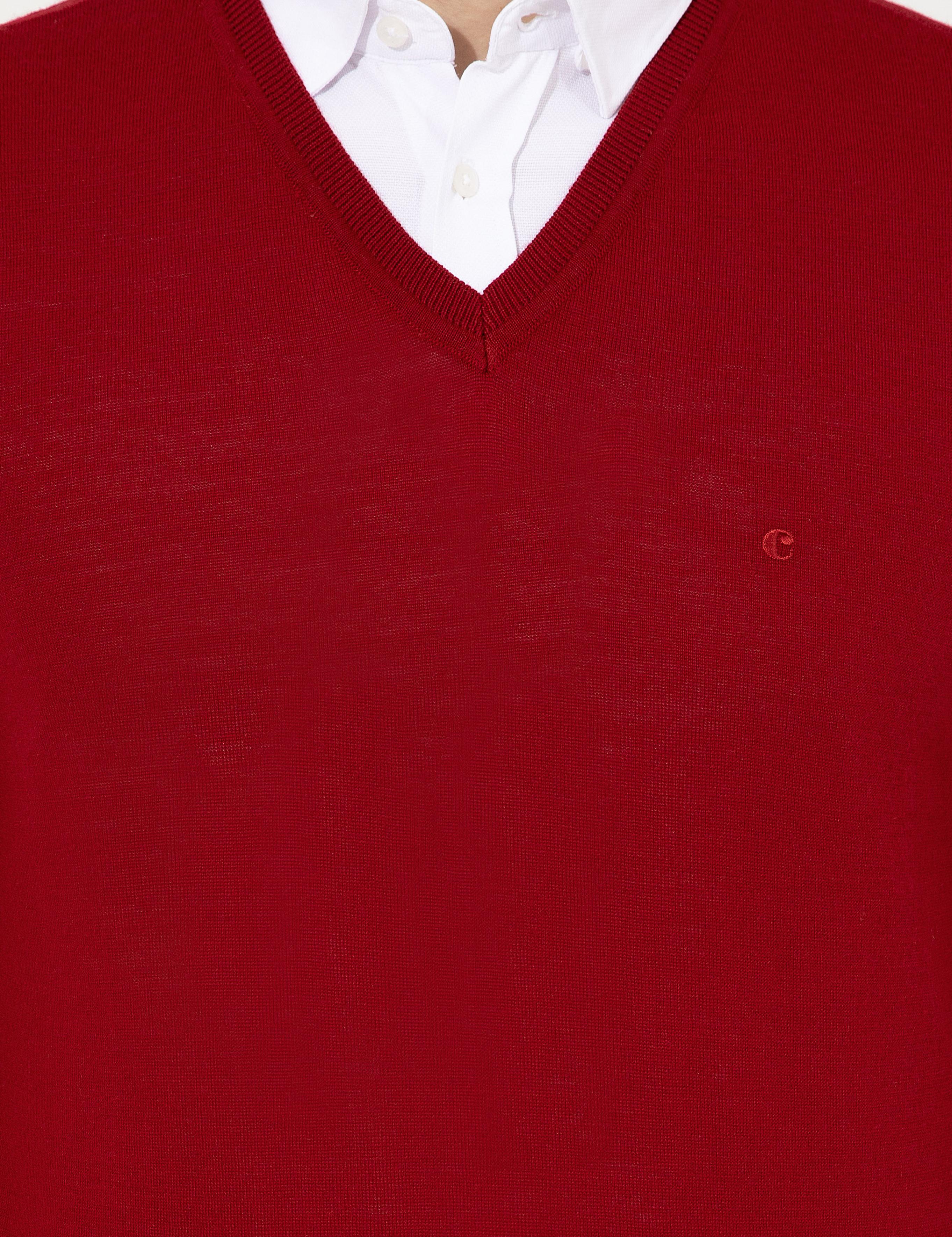 Kırmızı Slim Fit V Yaka Basic Triko Kazak - 50237053060