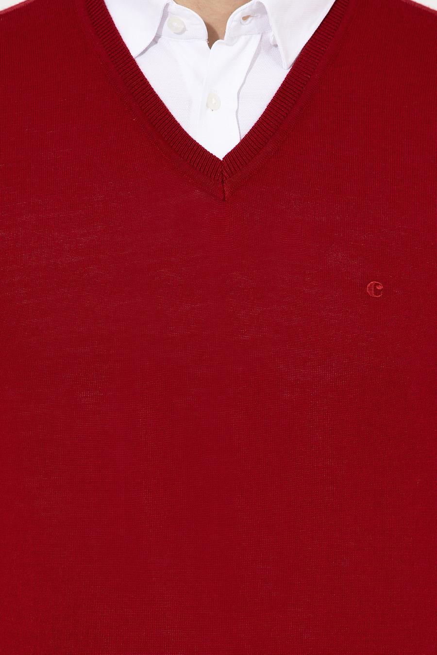 Kırmızı Slim Fit V Yaka Basic Triko Kazak - 50237053060