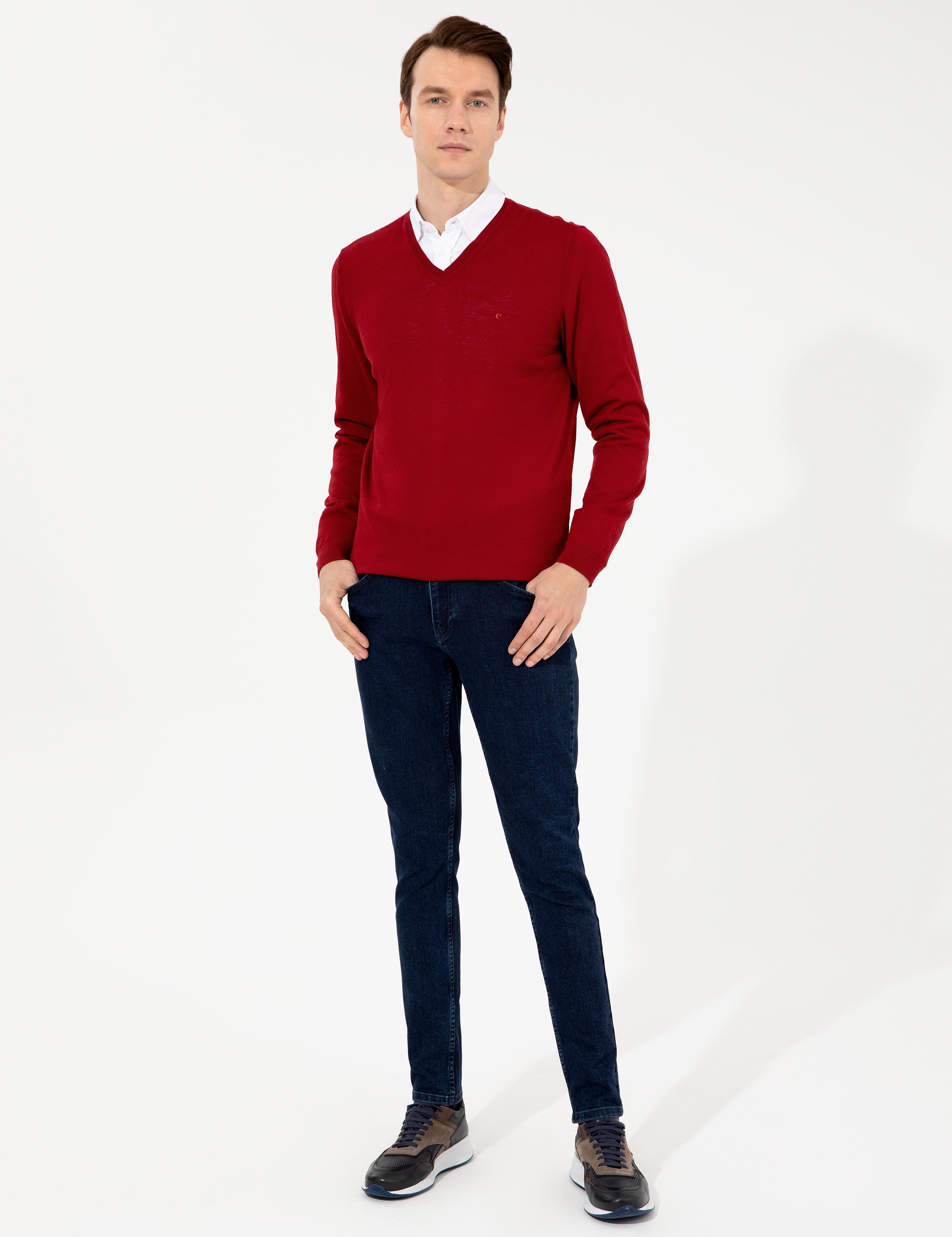 Kırmızı Slim Fit V Yaka Basic Triko Kazak - 50237053060