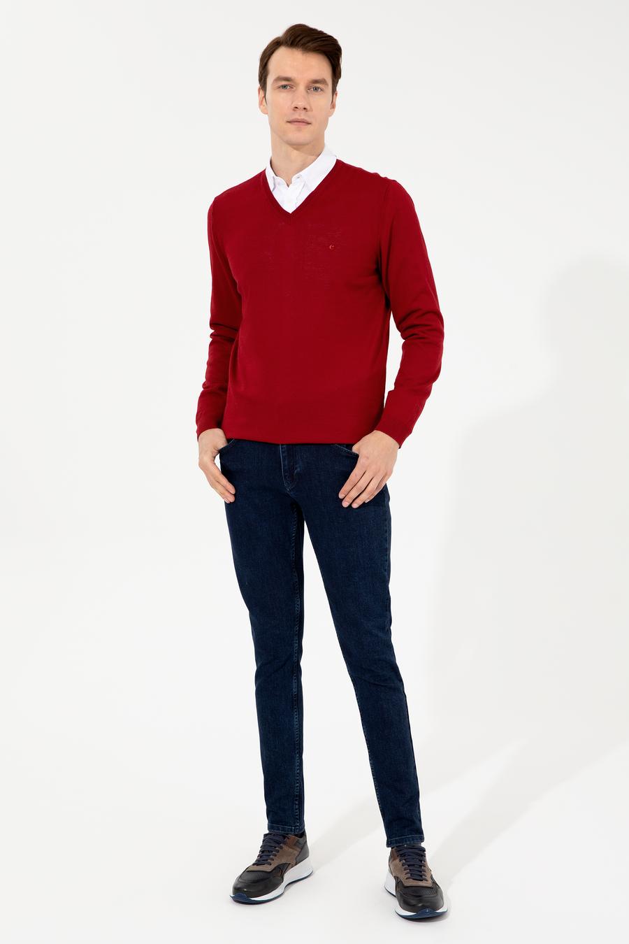Kırmızı Slim Fit V Yaka Basic Triko Kazak - 50237053060