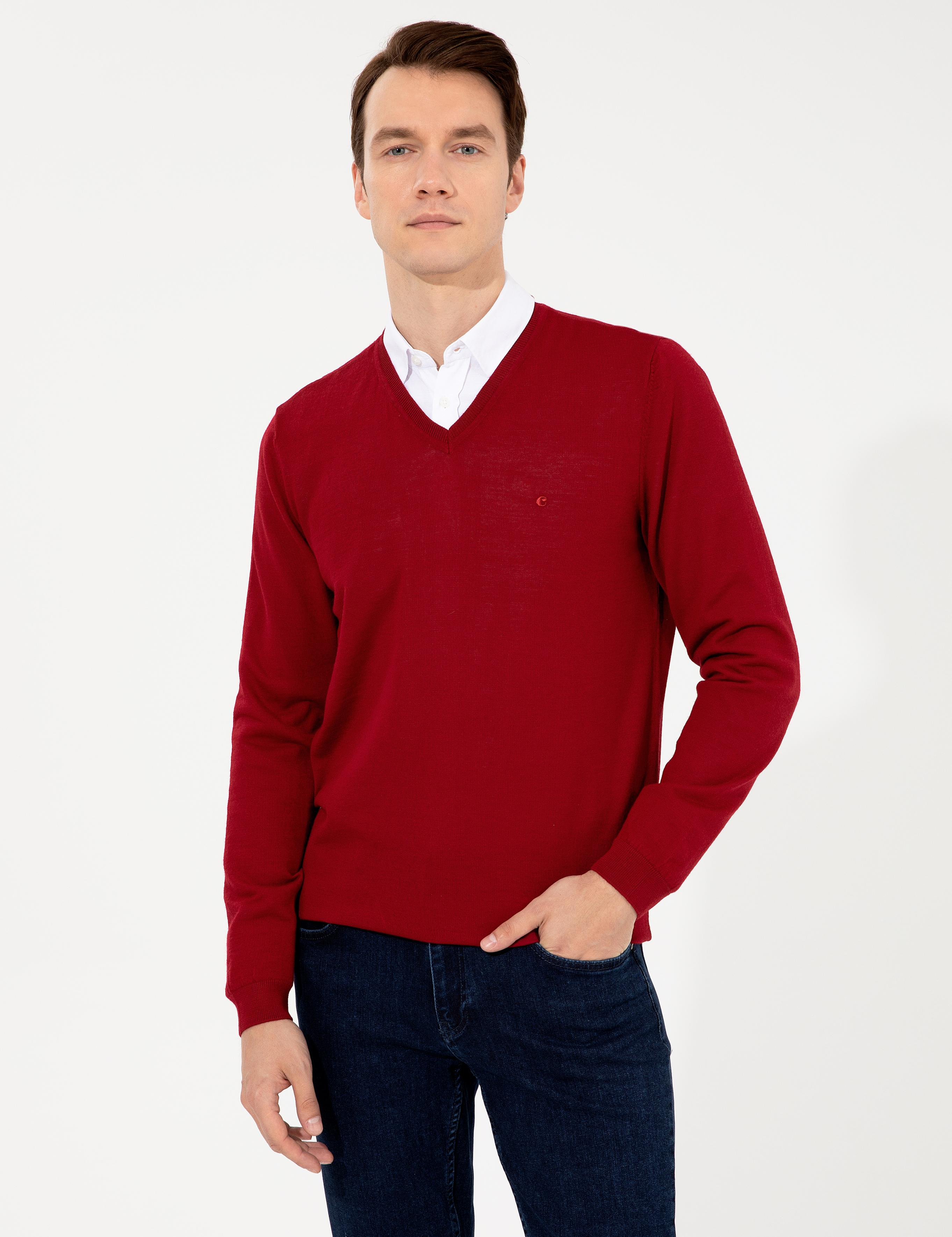 Kırmızı Slim Fit V Yaka Basic Triko Kazak - 50237053060