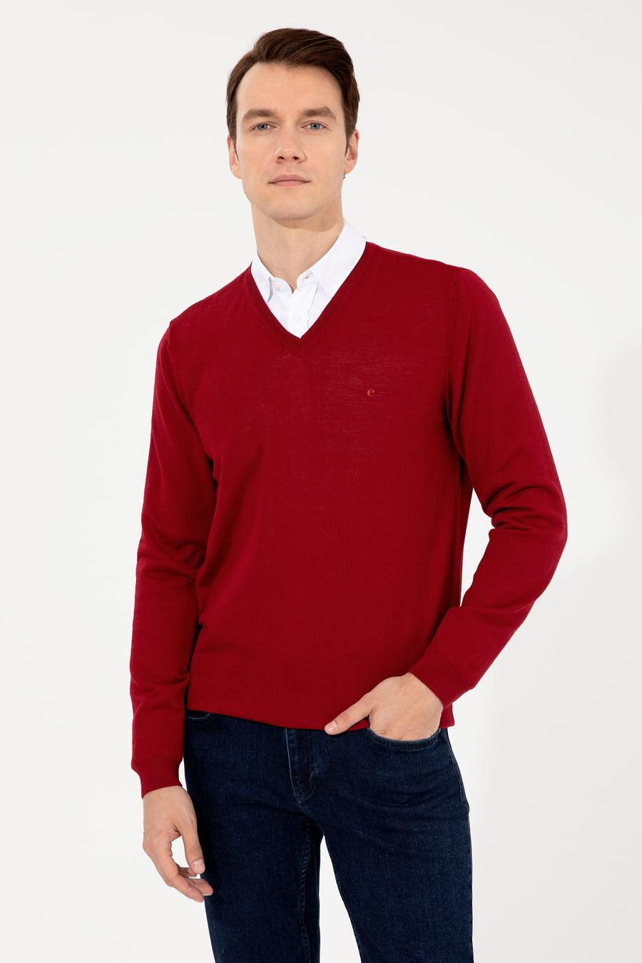 Kırmızı Slim Fit V Yaka Basic Triko Kazak - 50237053060