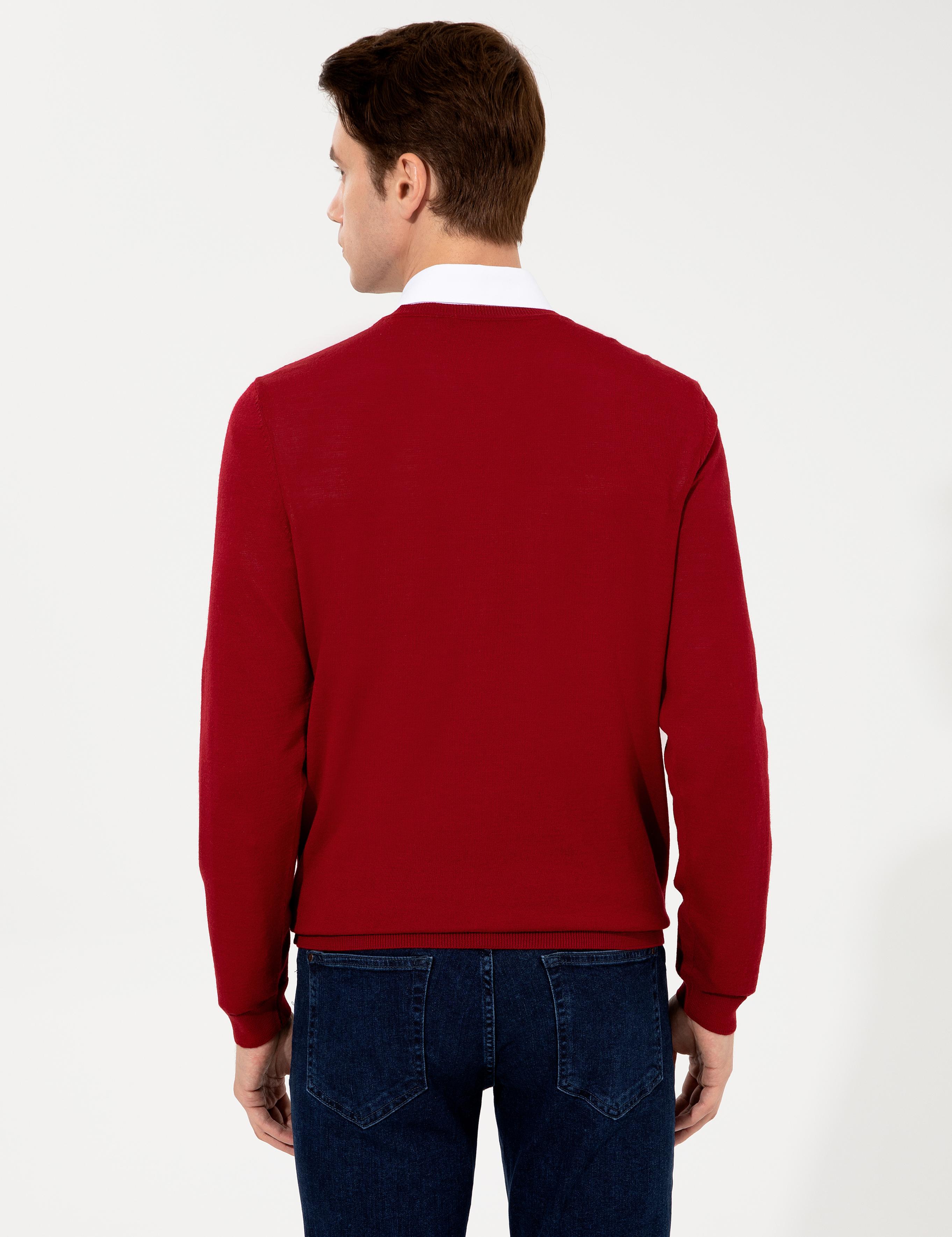 Kırmızı Slim Fit V Yaka Basic Triko Kazak - 50237053060
