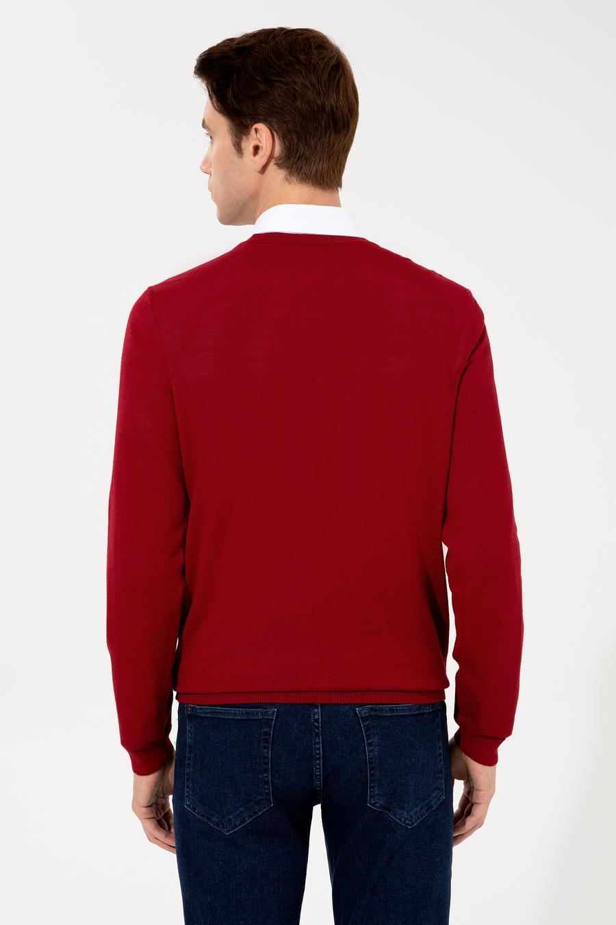 Kırmızı Slim Fit V Yaka Basic Triko Kazak - 50237053060