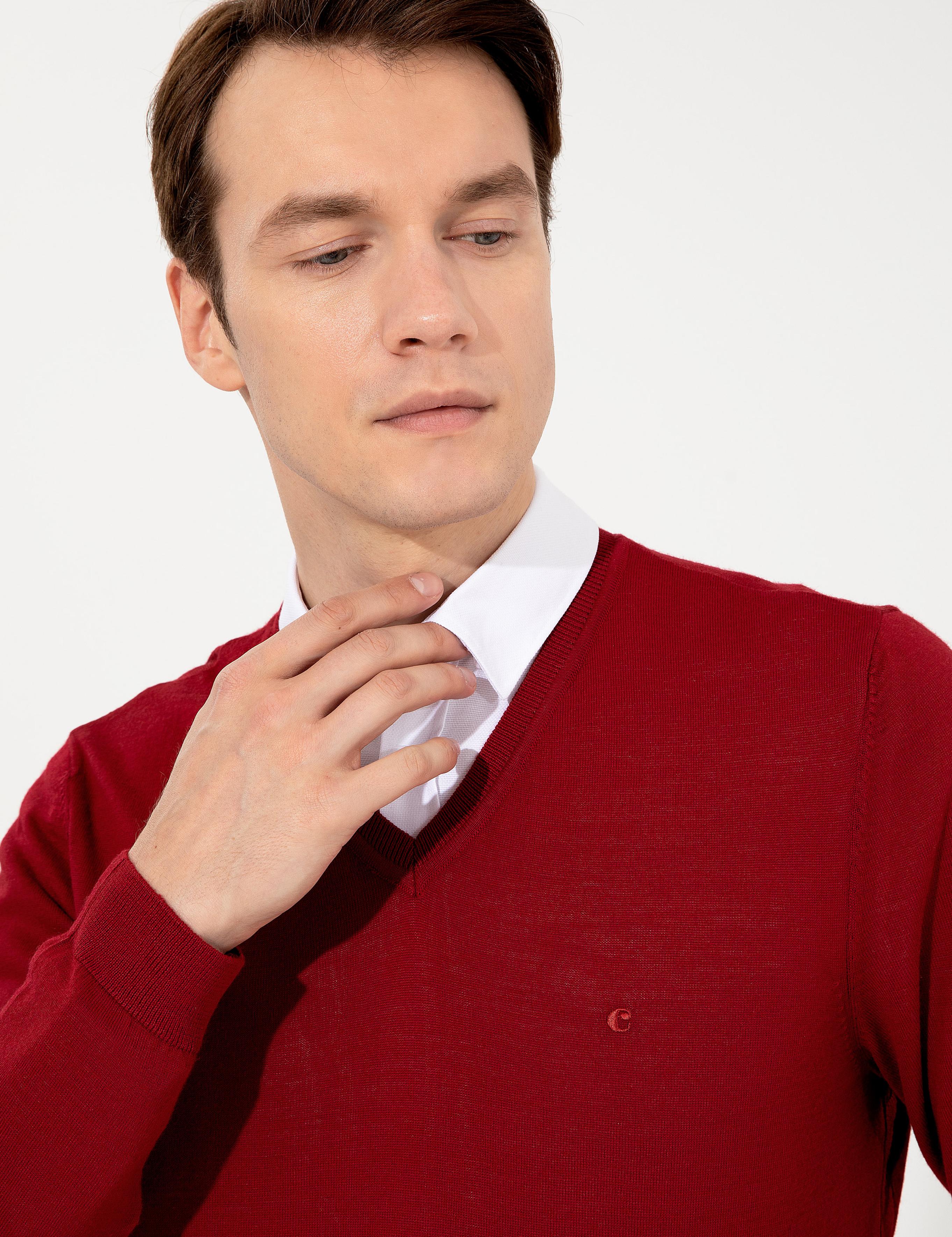 Kırmızı Slim Fit V Yaka Basic Triko Kazak - 50237053060