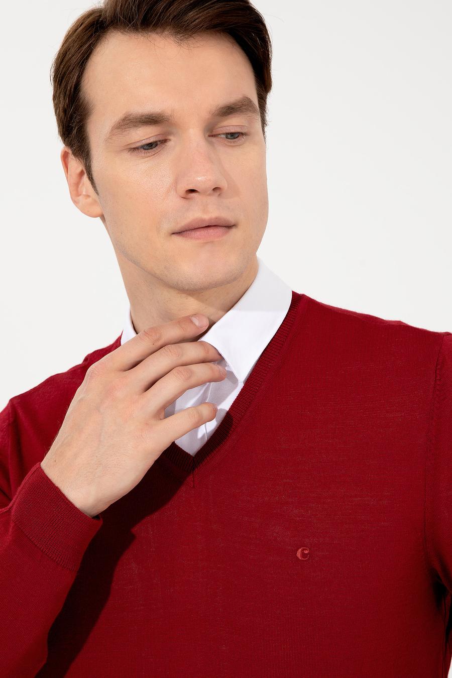 Kırmızı Slim Fit V Yaka Basic Triko Kazak - 50237053060