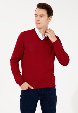 Kırmızı Slim Fit V Yaka Basic Triko Kazak