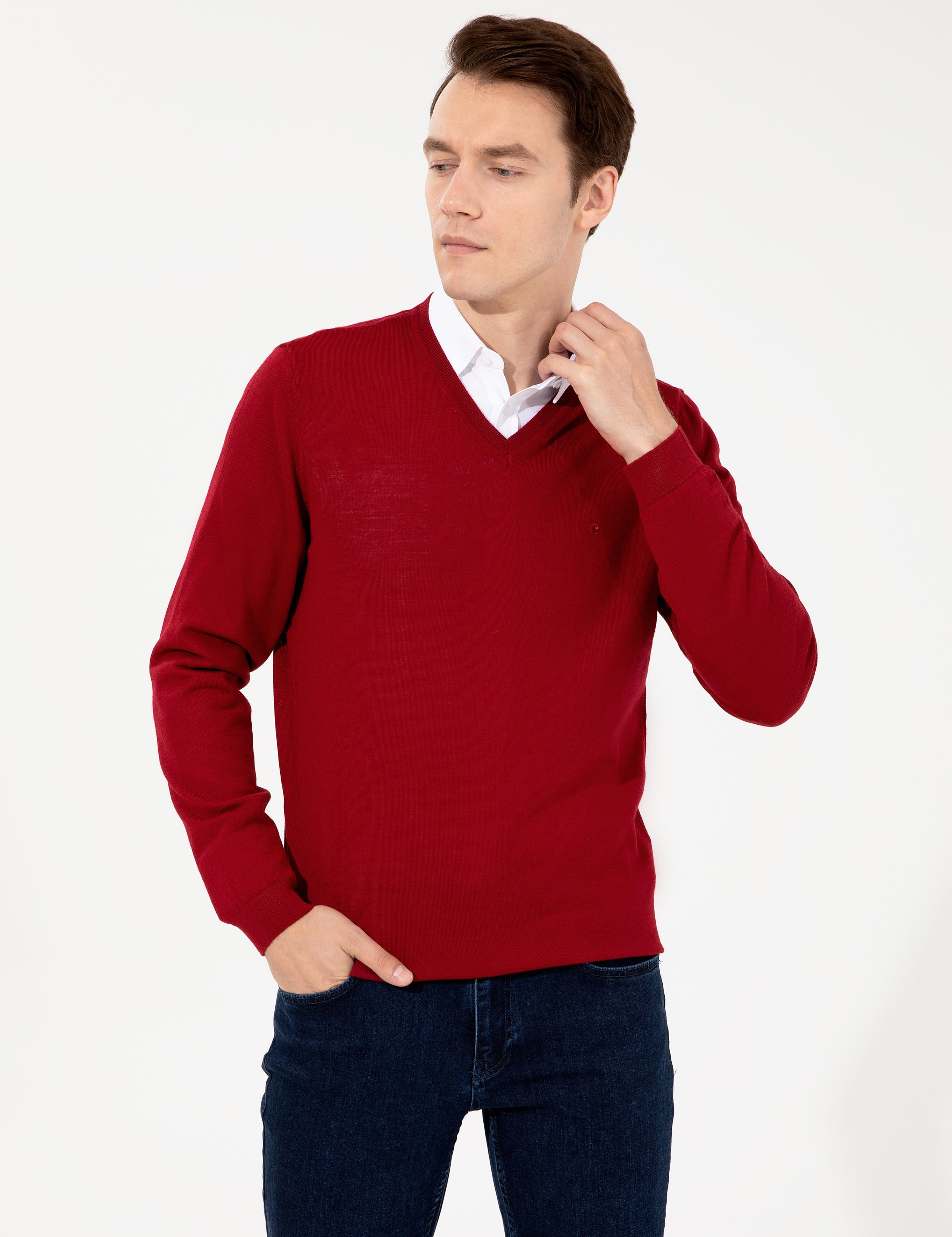 Kırmızı Slim Fit V Yaka Basic Triko Kazak - 50237053060