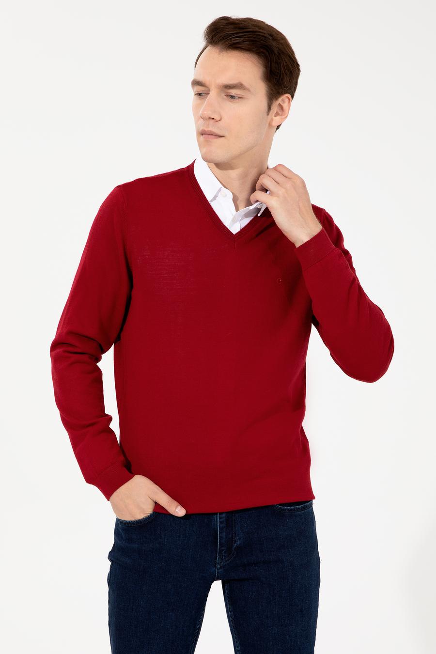 Kırmızı Slim Fit V Yaka Basic Triko Kazak - 50237053060