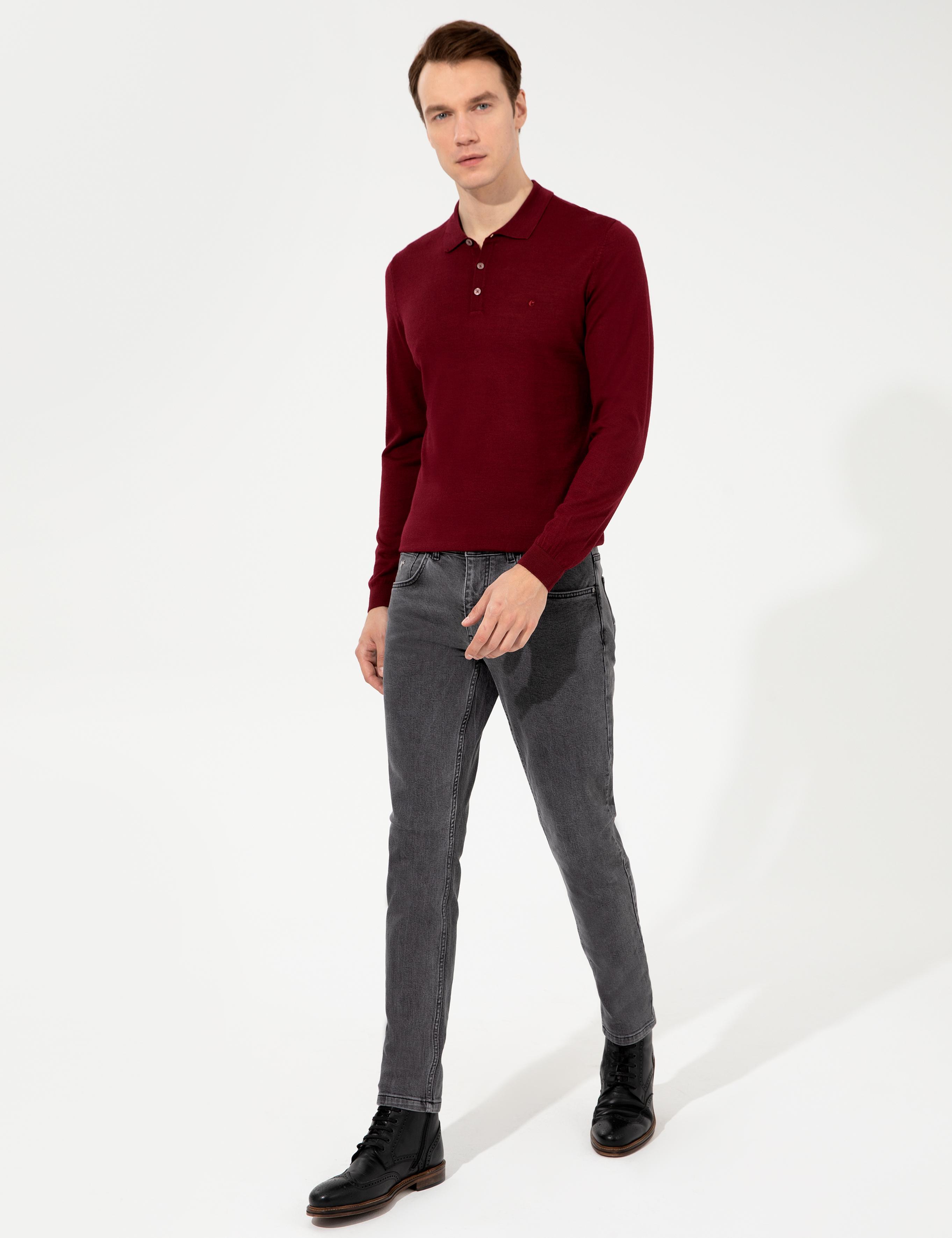 Bordo Slim Fit Polo Yaka Basic Triko Kazak - 50237054044