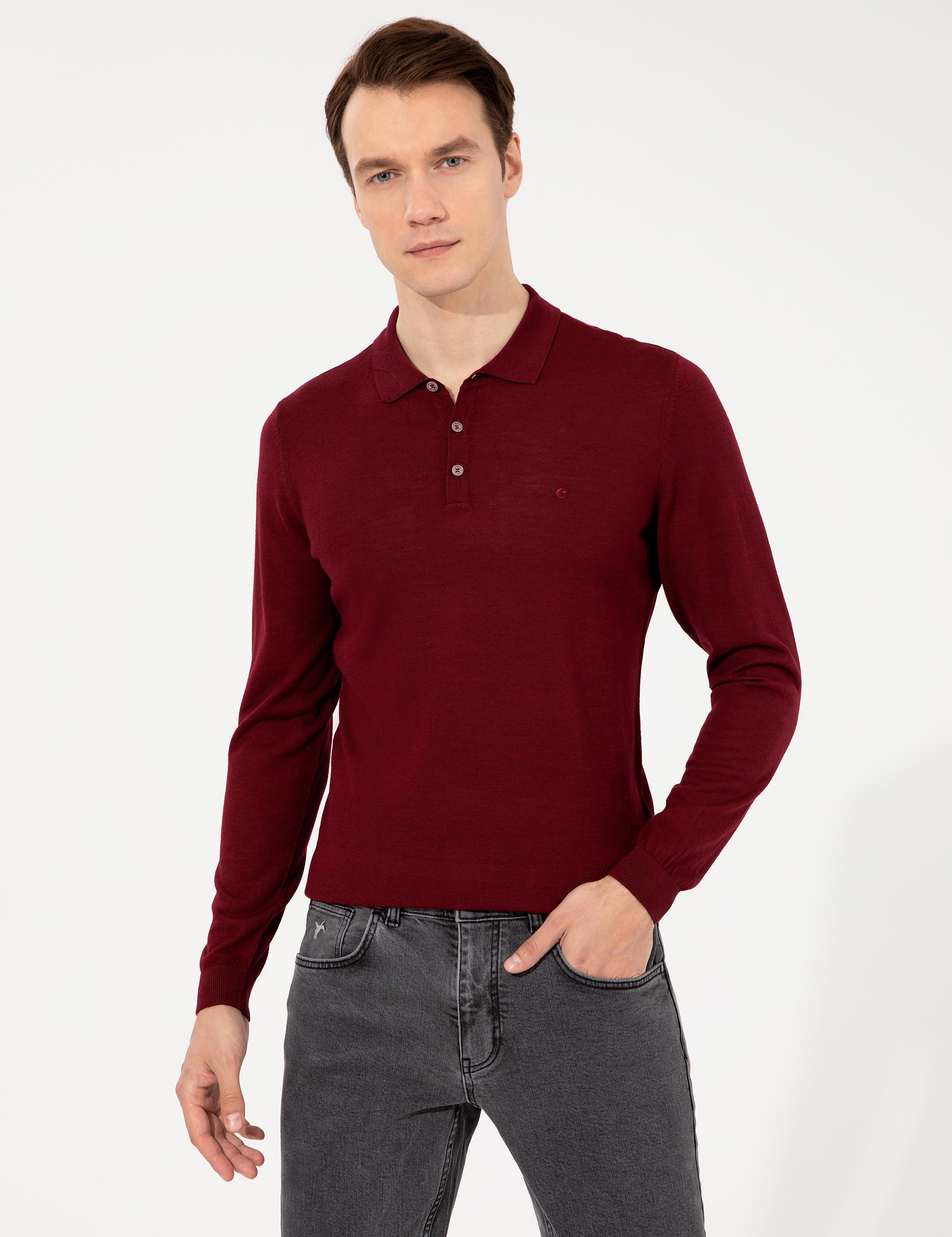 Bordo Slim Fit Polo Yaka Basic Triko Kazak - 50237054044