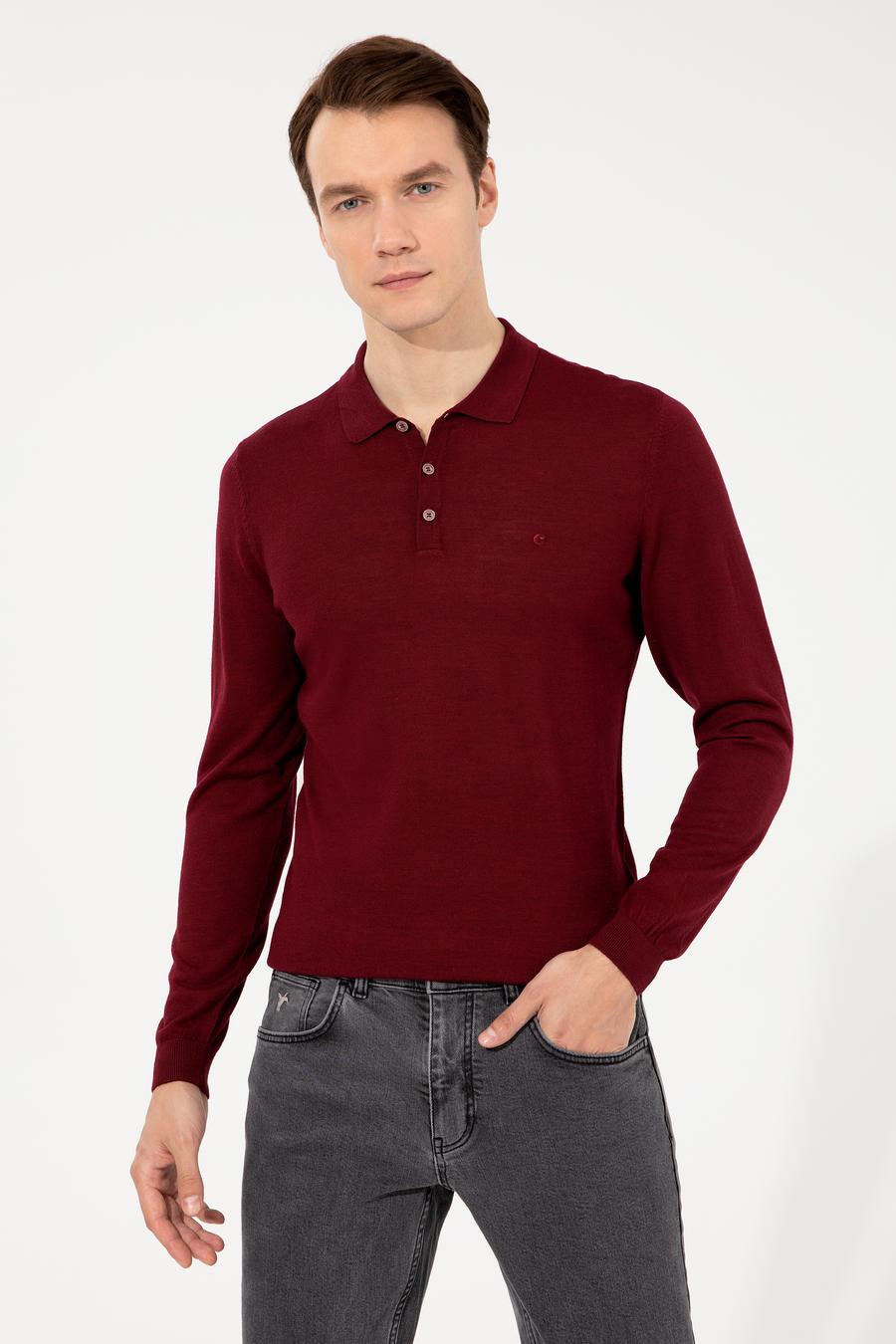 Bordo Slim Fit Polo Yaka Basic Triko Kazak - 50237054044