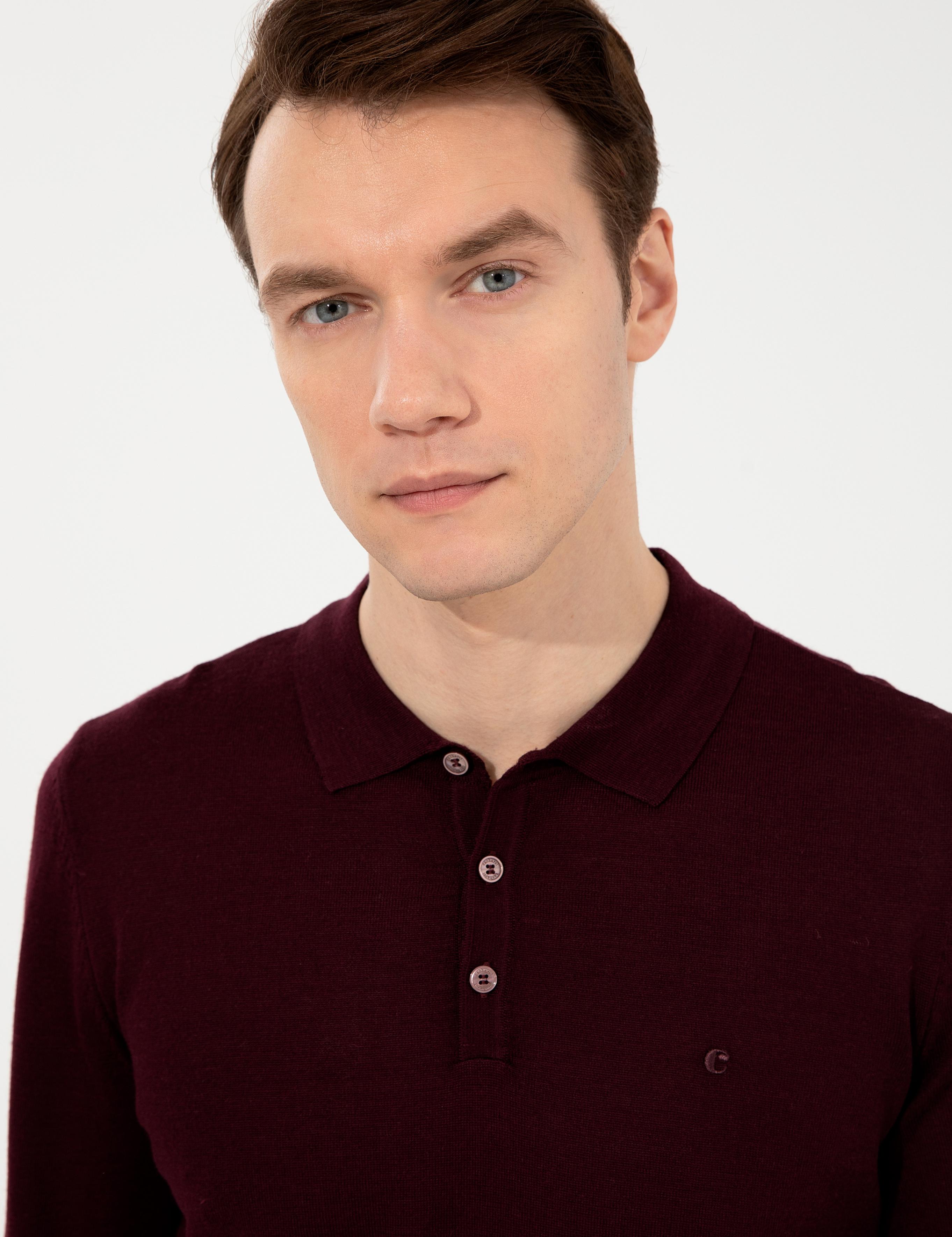 Koyu Bordo Slim Fit Polo Yaka Basic Triko Kazak - 50237054184