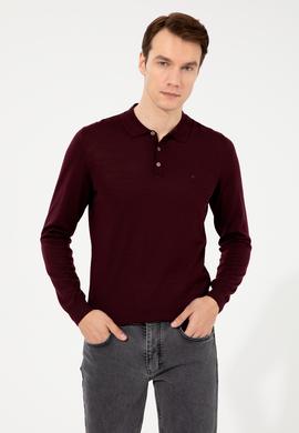 Koyu Bordo Slim Fit Polo Yaka Basic Triko Kazak