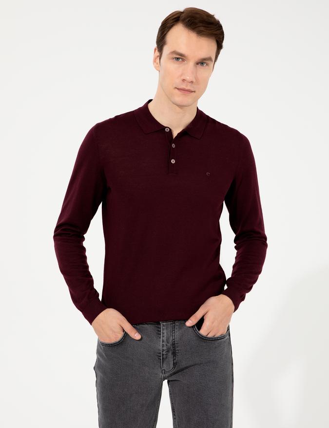 Koyu Bordo Slim Fit Polo Yaka Basic Triko Kazak