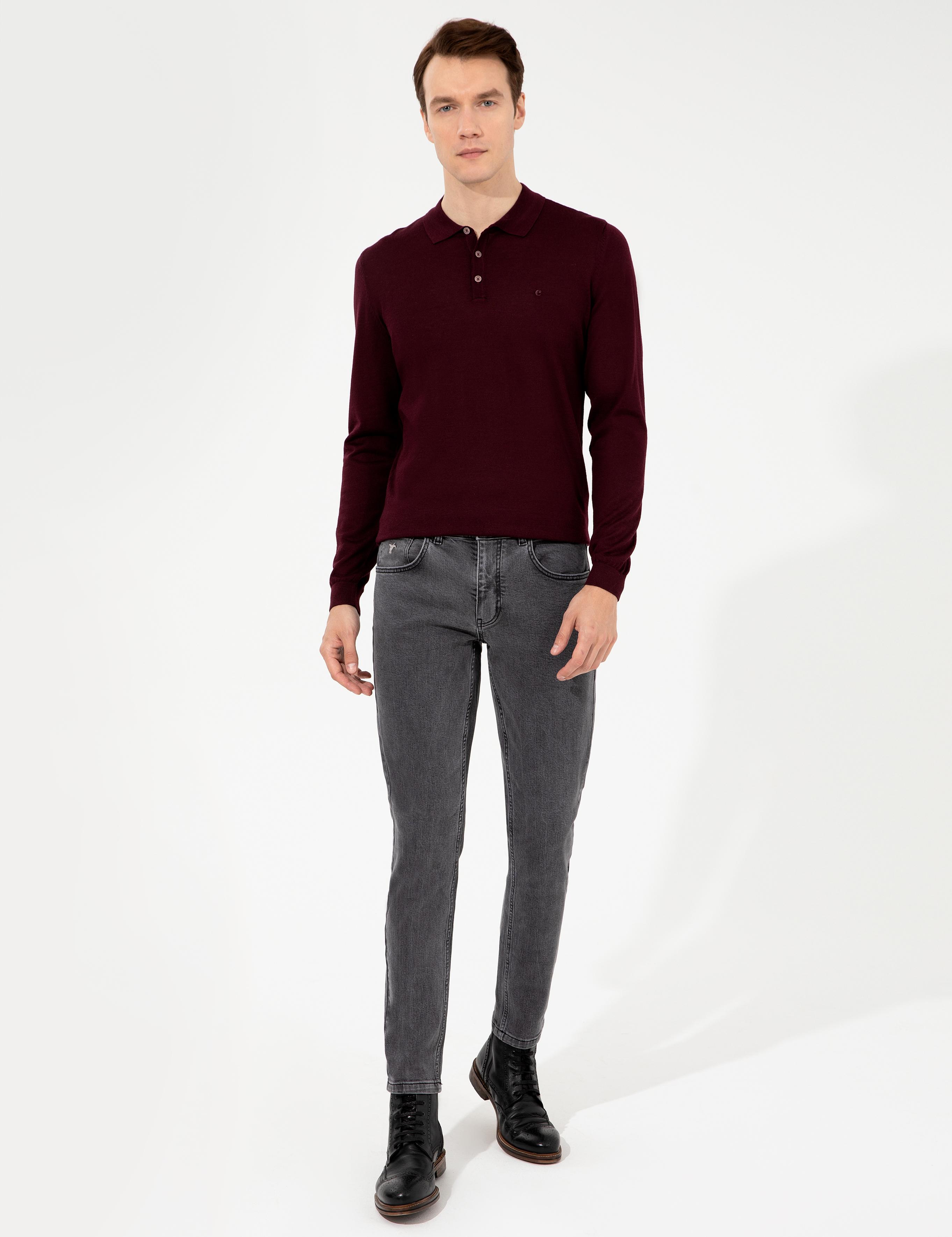 Koyu Bordo Slim Fit Polo Yaka Basic Triko Kazak - 50237054184
