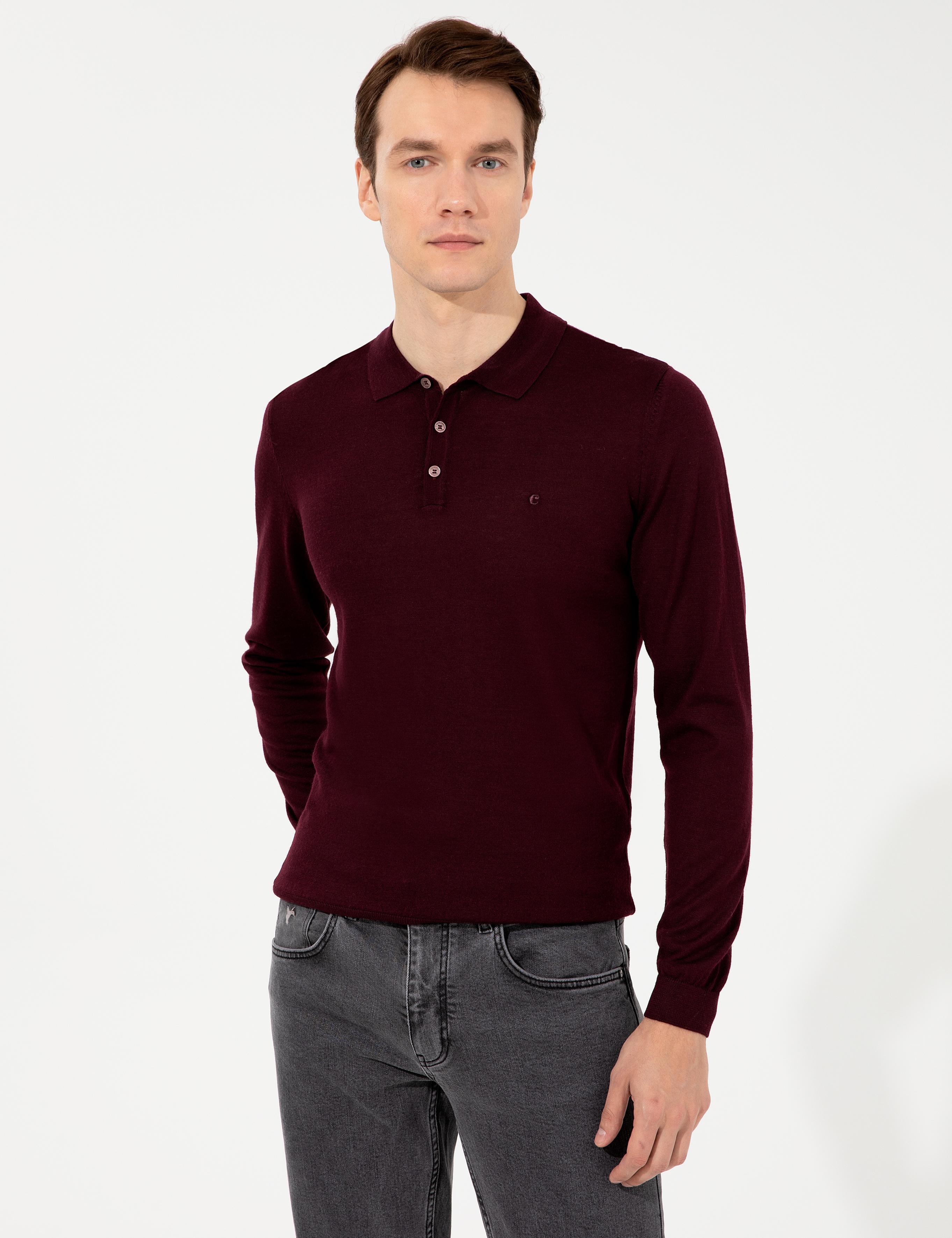 Koyu Bordo Slim Fit Polo Yaka Basic Triko Kazak - 50237054184