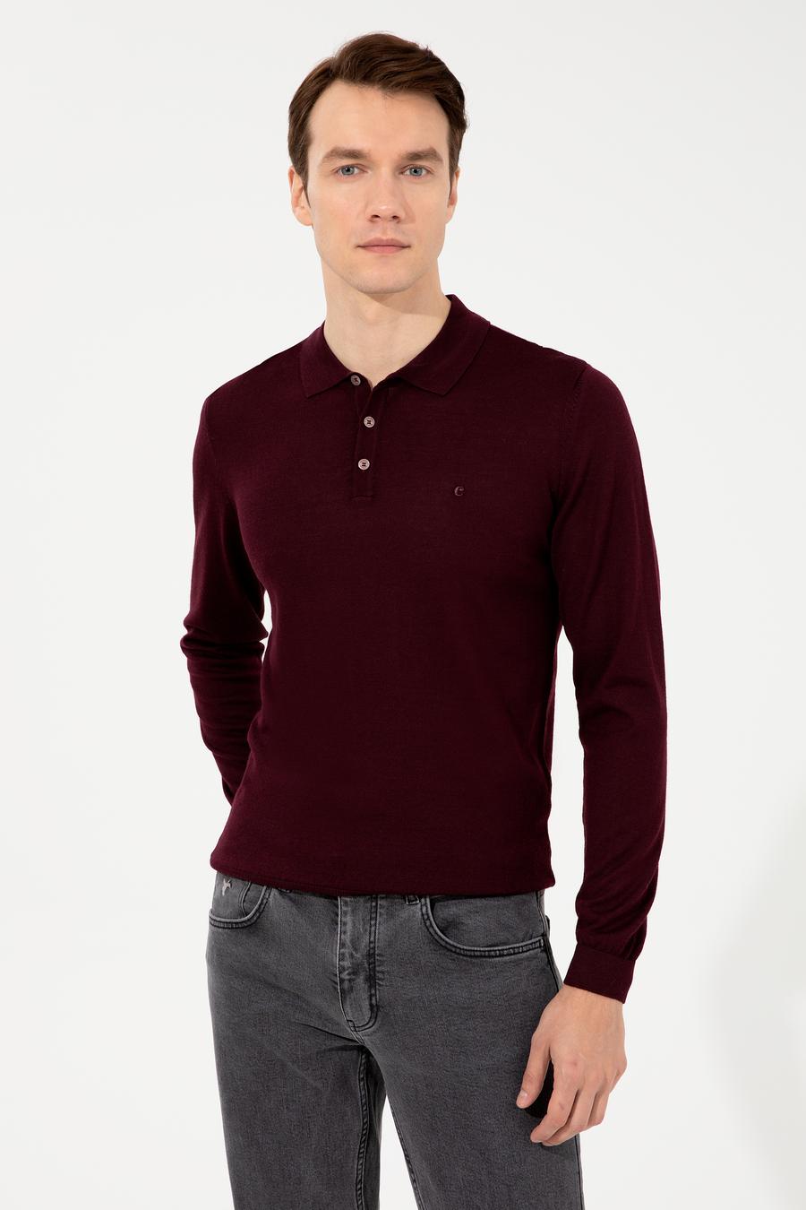 Koyu Bordo Slim Fit Polo Yaka Basic Triko Kazak - 50237054184
