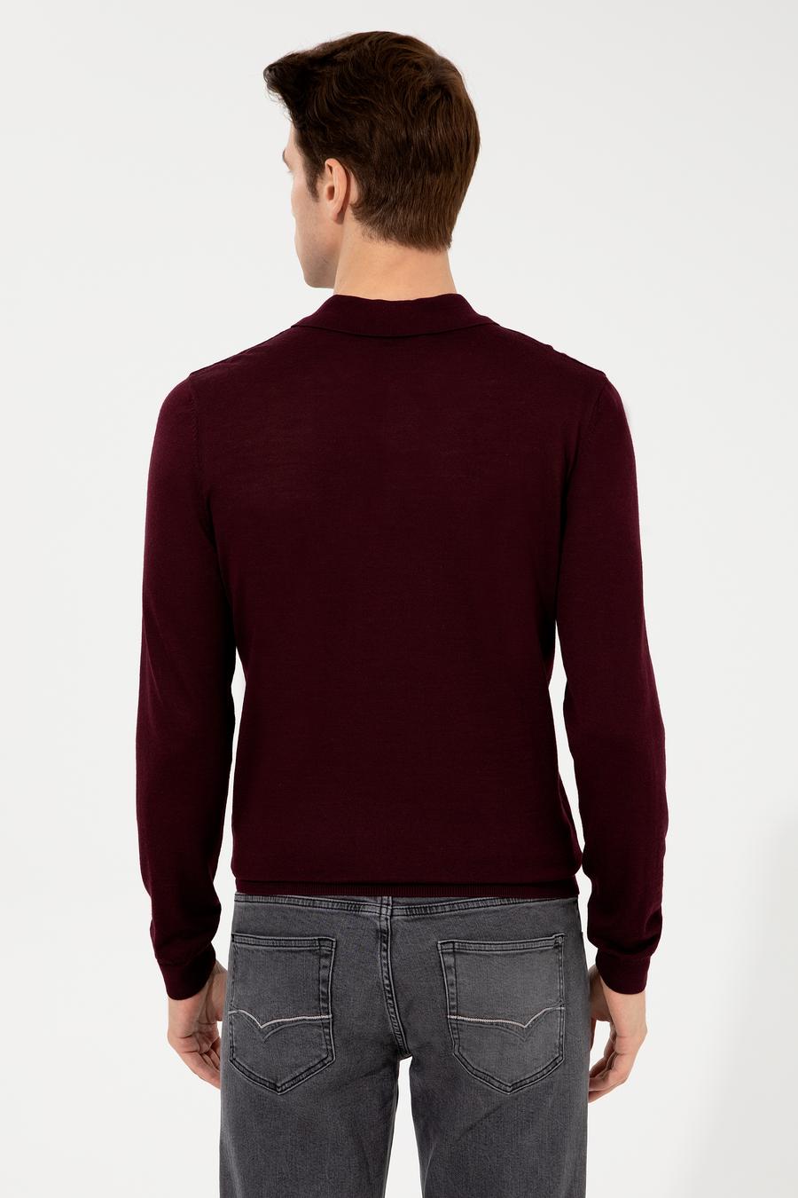 Koyu Bordo Slim Fit Polo Yaka Basic Triko Kazak - 50237054184