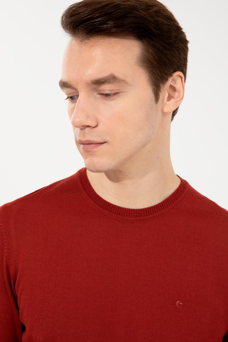 Koyu Kiremit Slim Fit Bisiklet Yaka Basic Triko Kazak - 50257398267