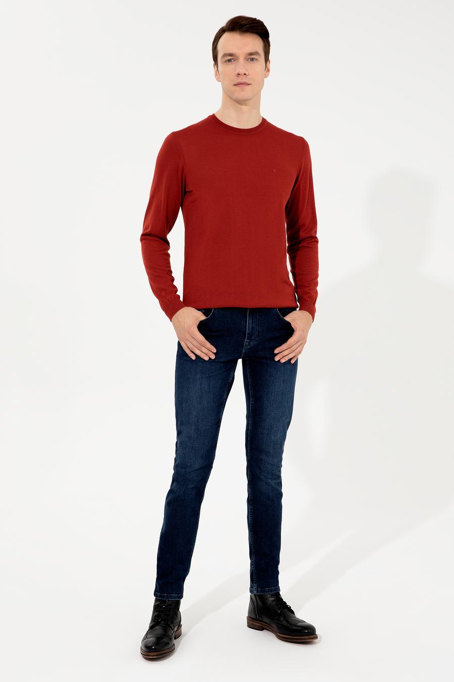 Koyu Kiremit Slim Fit Bisiklet Yaka Basic Triko Kazak - 50257398267