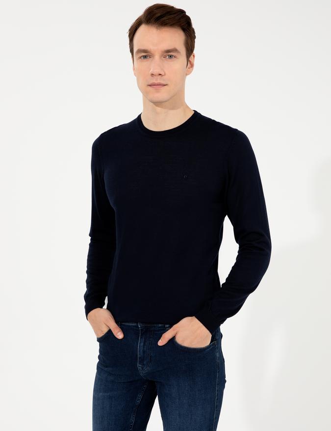 Lacivert Slim Fit Bisiklet Yaka Basic Triko Kazak