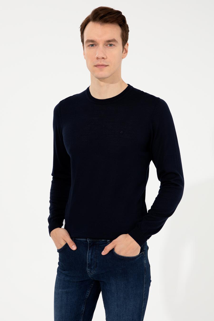 Lacivert Slim Fit Bisiklet Yaka Basic Triko Kazak - 50257398013