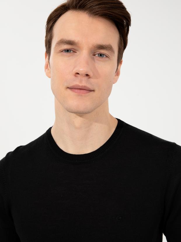 Siyah Slim Fit Bisiklet Yaka Basic Triko Kazak