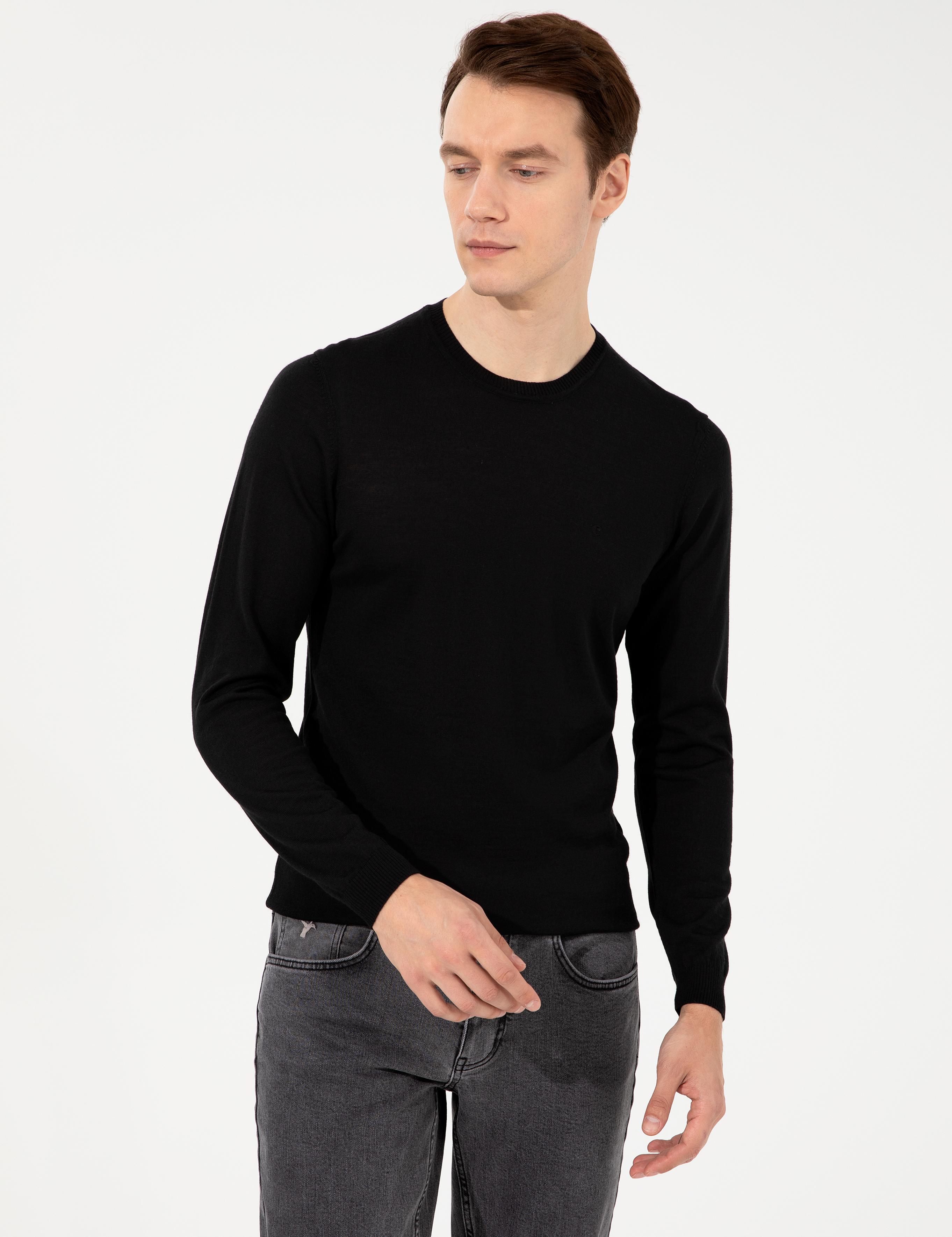 Siyah Slim Fit Bisiklet Yaka Basic Triko Kazak - 50257398008