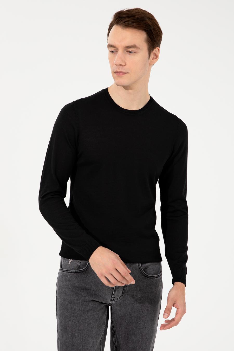 Siyah Slim Fit Bisiklet Yaka Basic Triko Kazak - 50257398008