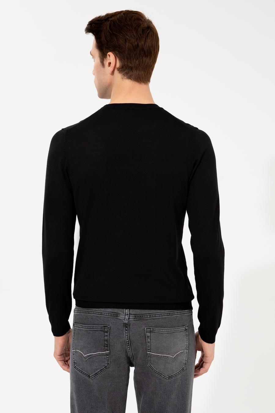 Siyah Slim Fit Bisiklet Yaka Basic Triko Kazak - 50257398008