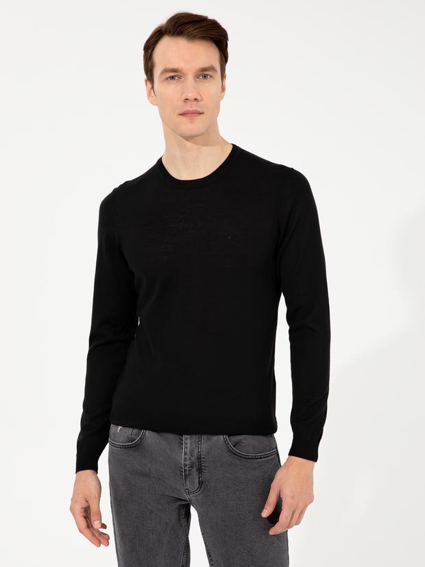Siyah Slim Fit Bisiklet Yaka Basic Triko Kazak