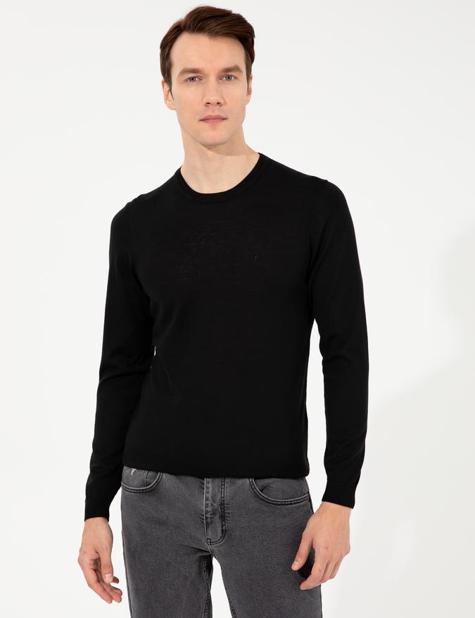 Siyah Slim Fit Bisiklet Yaka Basic Triko Kazak