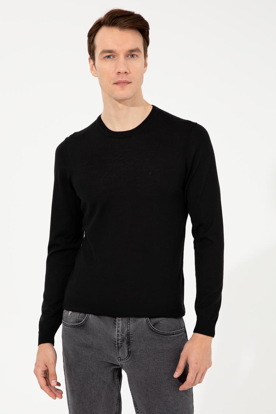 Siyah Slim Fit Bisiklet Yaka Basic Triko Kazak - 50257398008