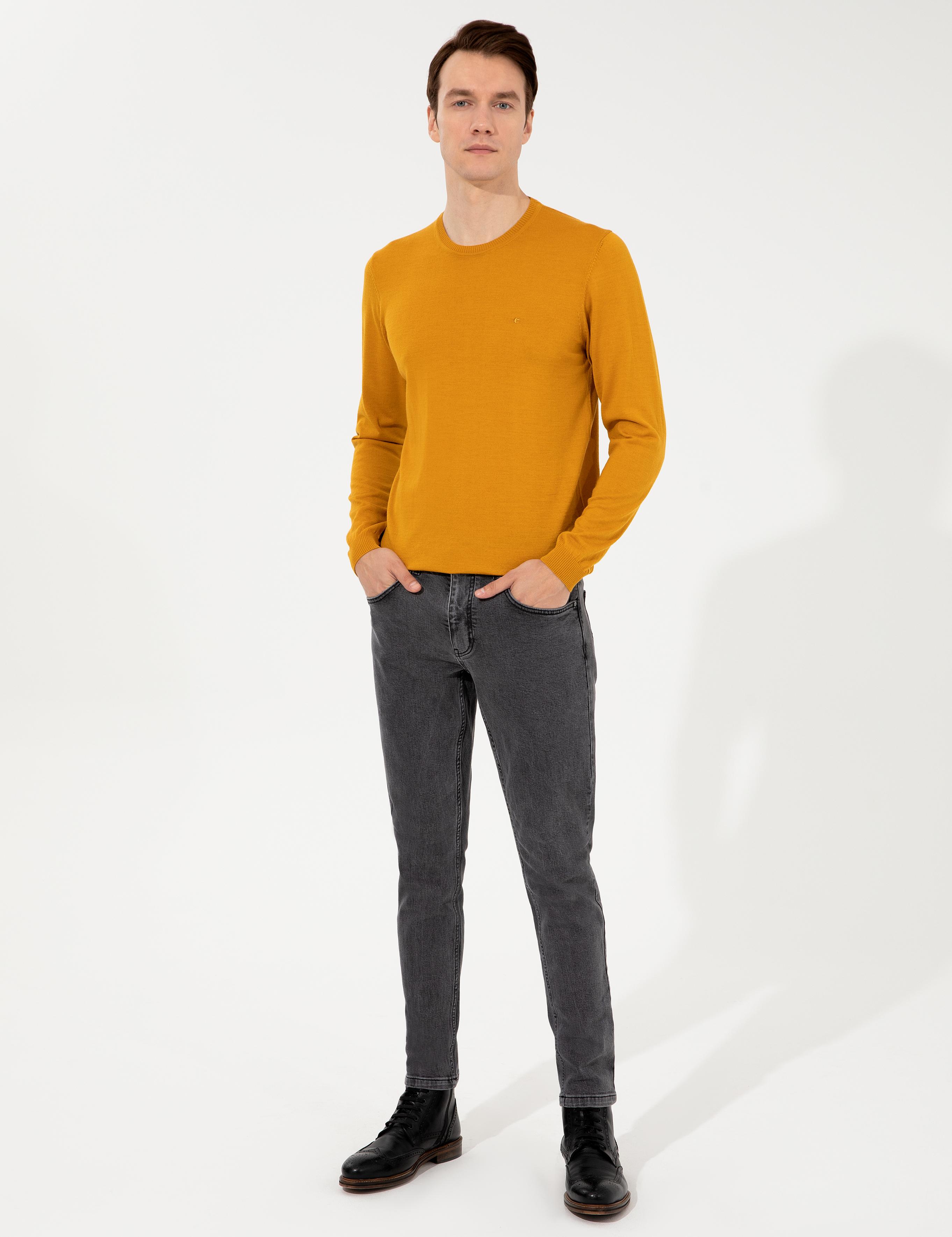 Sarı Slim Fit Bisiklet Yaka Basic Triko Kazak - 50257398094