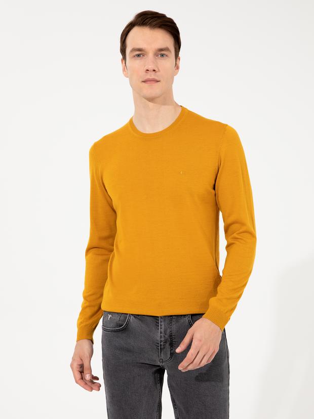 Sarı Slim Fit Bisiklet Yaka Basic Triko Kazak