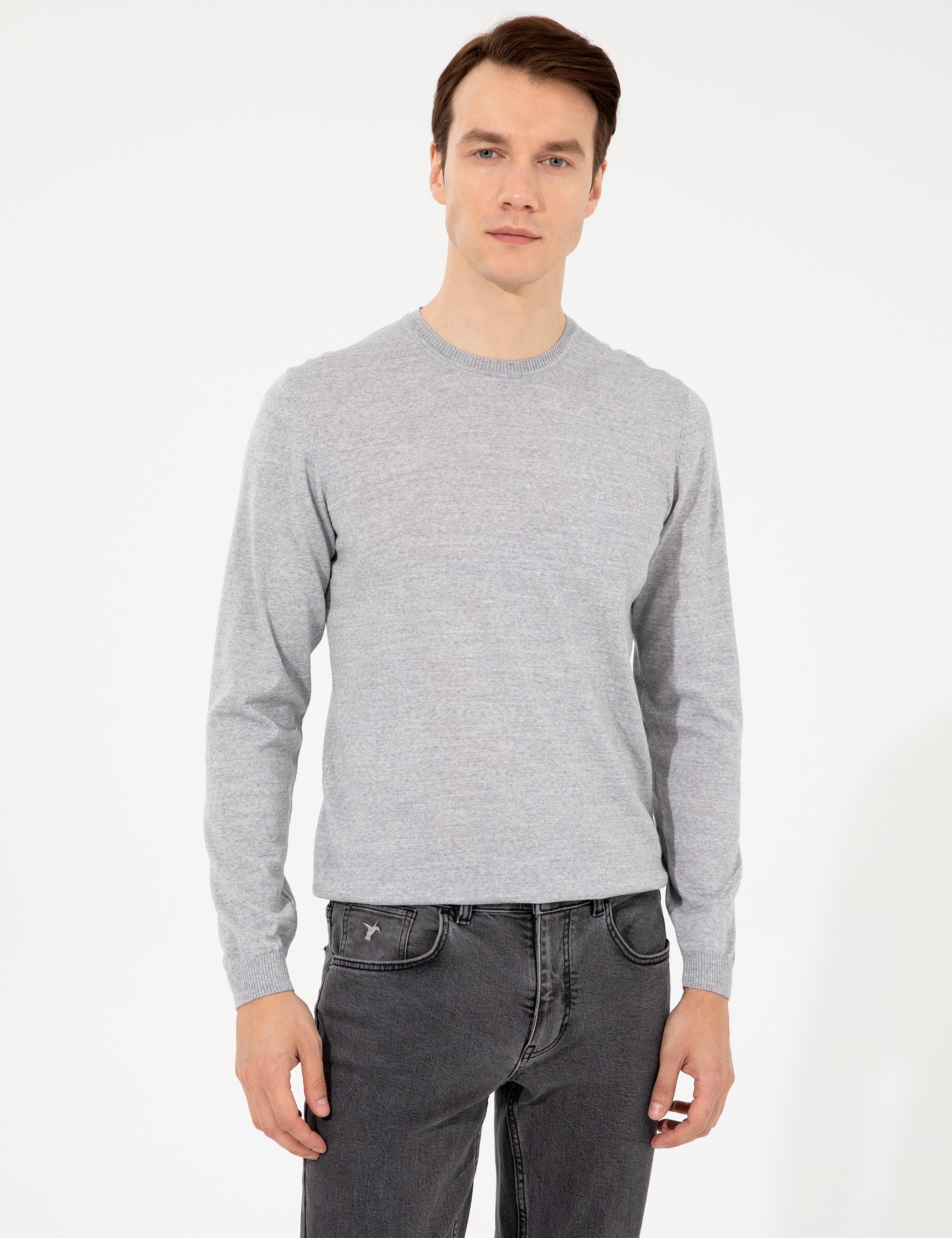 Açık Gri Slim Fit Bisiklet Yaka Basic Triko Kazak - 50257398208