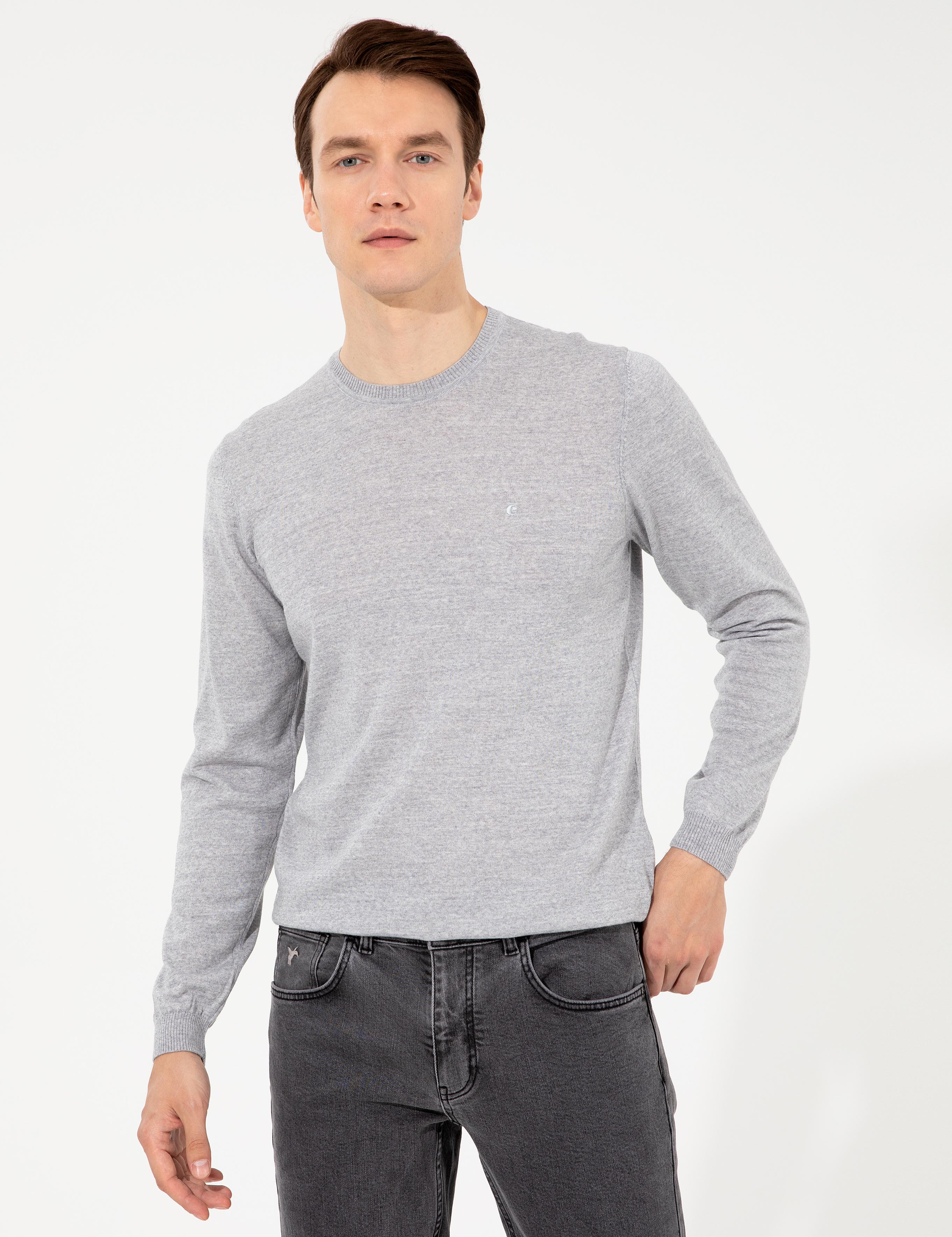 Açık Gri Slim Fit Bisiklet Yaka Basic Triko Kazak - 50257398208