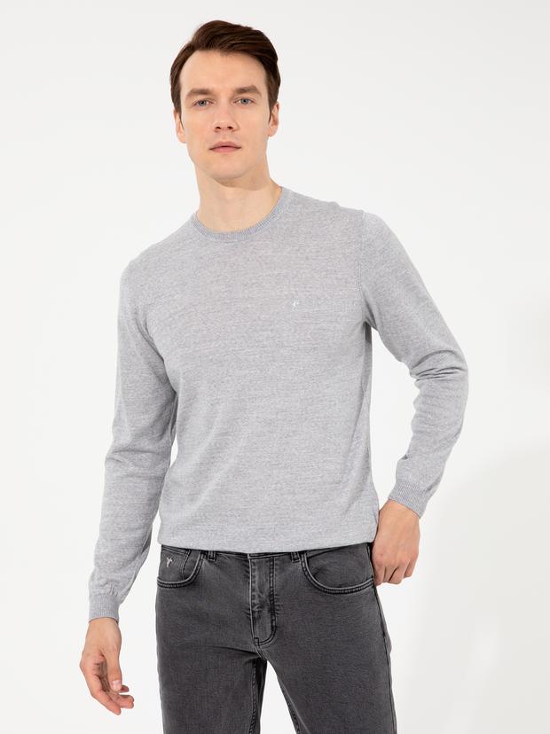 Açık Gri Slim Fit Bisiklet Yaka Basic Triko Kazak