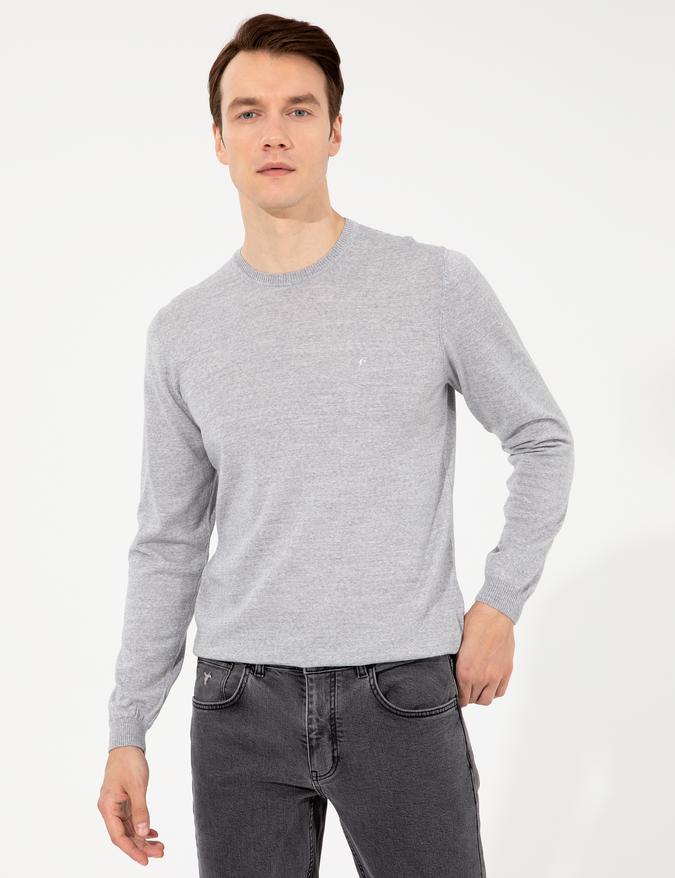 Açık Gri Slim Fit Bisiklet Yaka Basic Triko Kazak